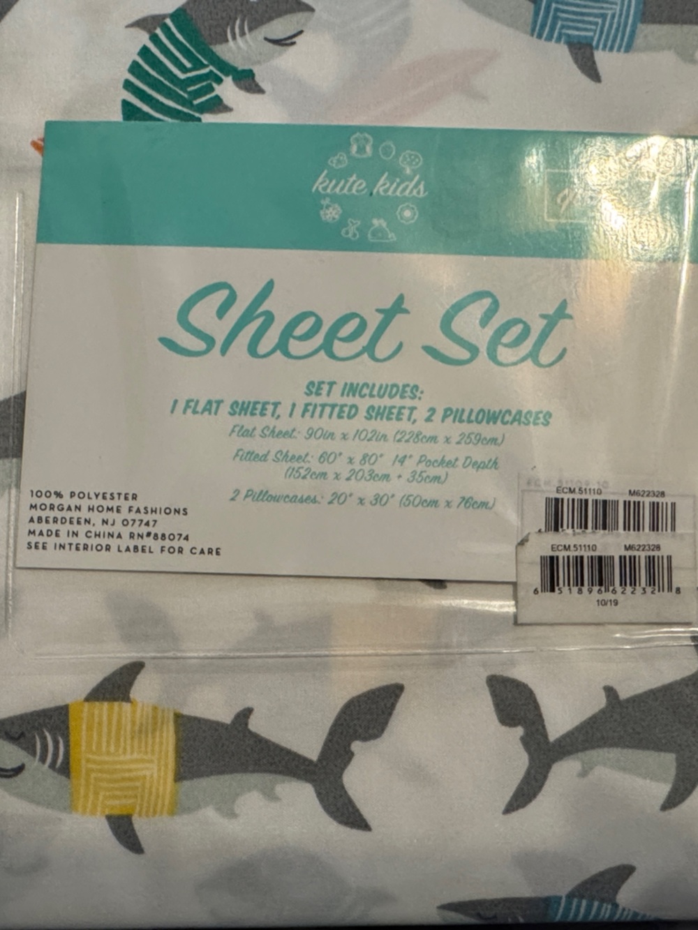 Shark Print Twin Sheet Set in White, Gray, Yellow, Teal